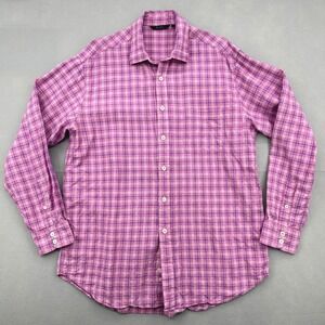 Boden Mens Large Pink Blue Plaid 100% Linen Long Sleeve Button Down Shirt Preppy